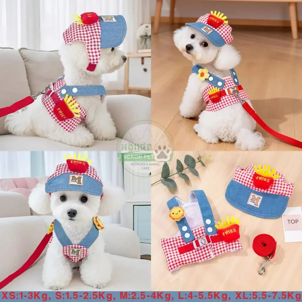 - Pet Harness Set With Hat ឈុតខ្សែបណ្តើរ+មួក Red+Sky Blue