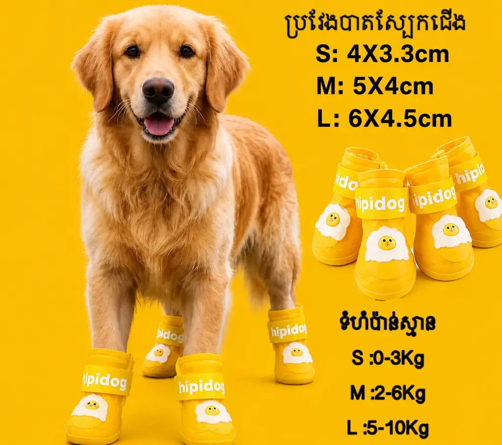 - Hipidog Pet Waterproof Shoes (Yellow) ស្បែកជើងការពារជ្រាបទឹក