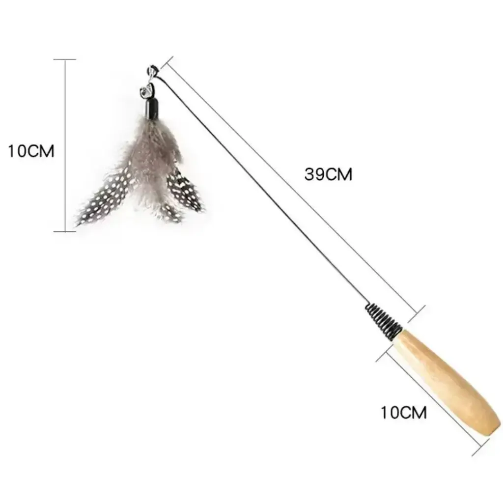 - Cat Toy Chicken Feather Teaser with Wooden Handle ចង្កឹះឆ្មាដងឈើ