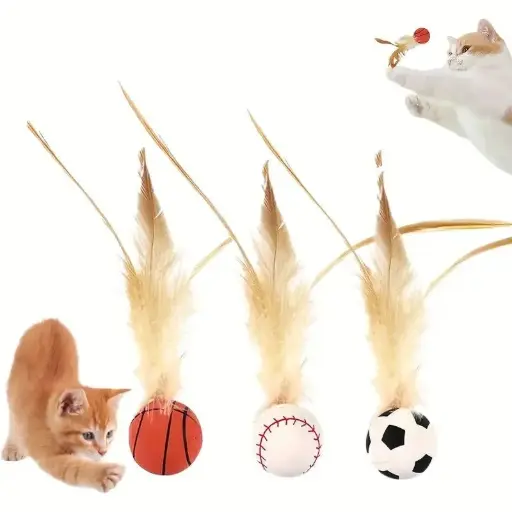 [B0000002208] - Cat Toy Bouncy Ball With Chicken Feather 3pcs ឈុតបាល់រោមមាន់